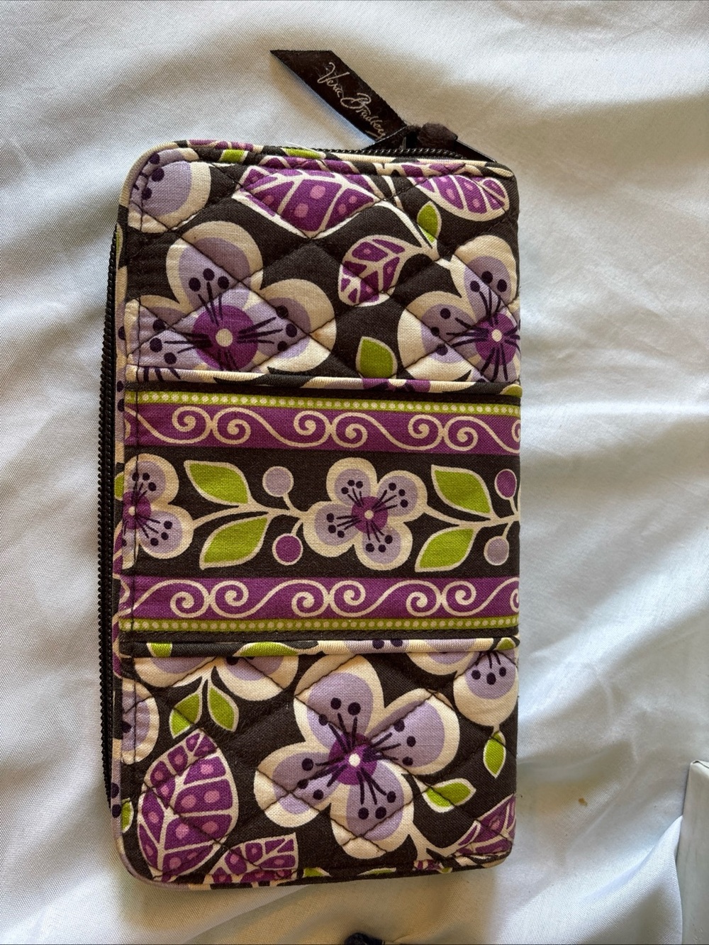 Vera Bradley Purple Floral Quilted Zip Phone Wallet with Green Accents